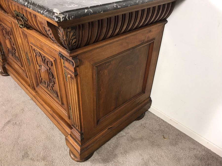 Stunning Antique Carved Wooden Cabinet With Large Marble Top And Hutch From La Jolla Estate (Can Be Used Without Hutch - See Photos) Hutch 58W X 21D X 46H / Cabinet 60W X 28D X 34H (JUST ADDED) [Photo 14]