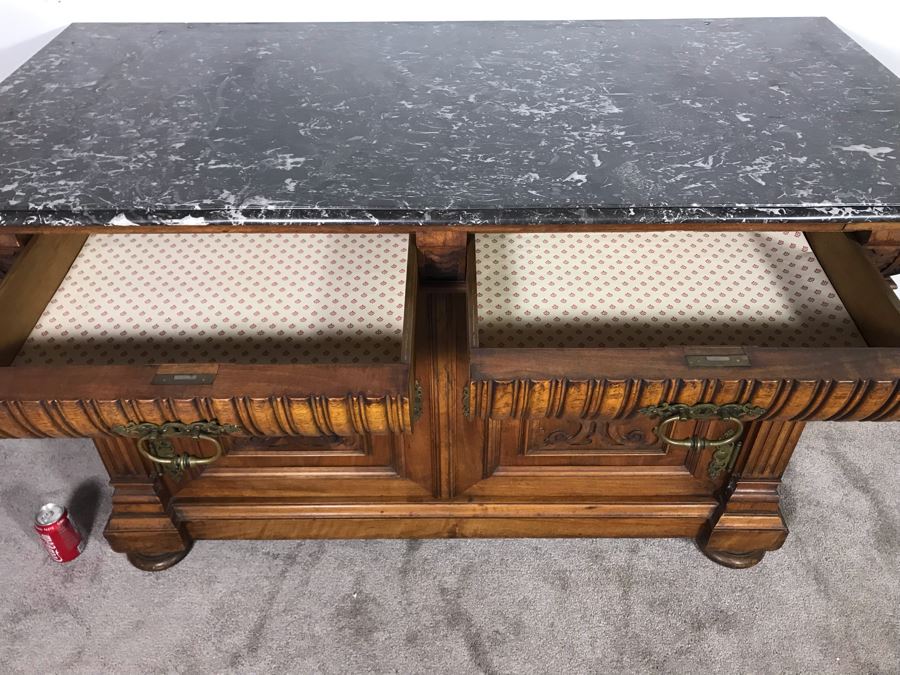 Stunning Antique Carved Wooden Cabinet With Large Marble Top And Hutch From La Jolla Estate (Can Be Used Without Hutch - See Photos) Hutch 58W X 21D X 46H / Cabinet 60W X 28D X 34H (JUST ADDED) [Photo 16]