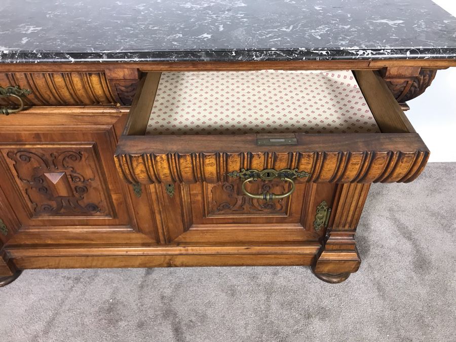 Stunning Antique Carved Wooden Cabinet With Large Marble Top And Hutch From La Jolla Estate (Can Be Used Without Hutch - See Photos) Hutch 58W X 21D X 46H / Cabinet 60W X 28D X 34H (JUST ADDED) [Photo 15]