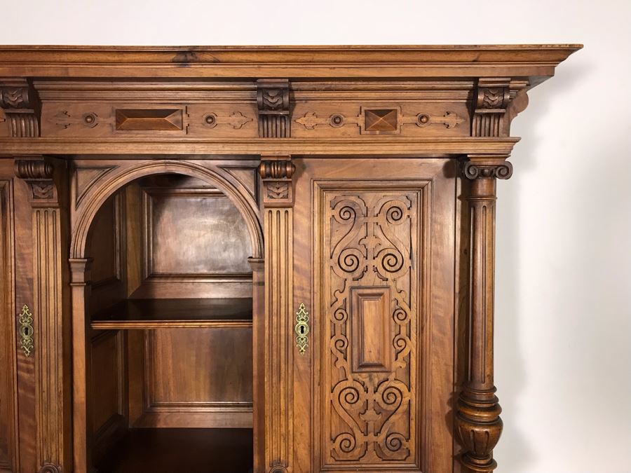 Stunning Antique Carved Wooden Cabinet With Large Marble Top And Hutch From La Jolla Estate (Can Be Used Without Hutch - See Photos) Hutch 58W X 21D X 46H / Cabinet 60W X 28D X 34H (JUST ADDED) [Photo 6]
