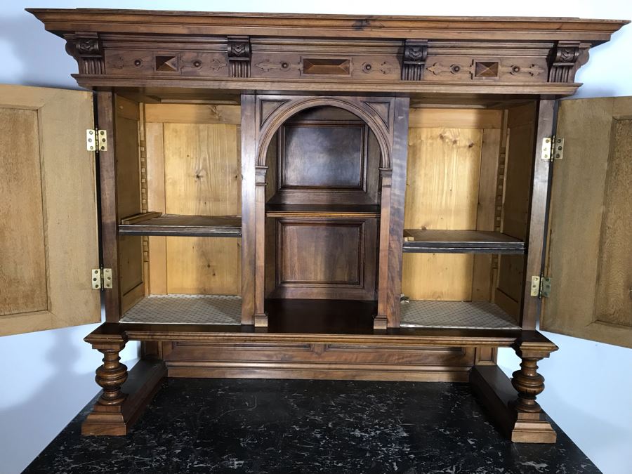 Stunning Antique Carved Wooden Cabinet With Large Marble Top And Hutch From La Jolla Estate (Can Be Used Without Hutch - See Photos) Hutch 58W X 21D X 46H / Cabinet 60W X 28D X 34H (JUST ADDED) [Photo 21]