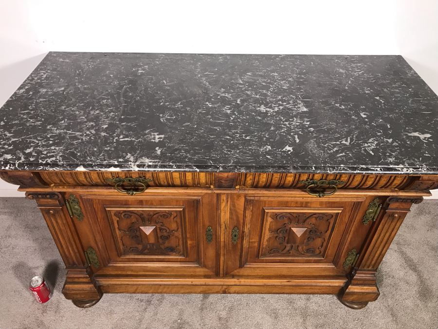 Stunning Antique Carved Wooden Cabinet With Large Marble Top And Hutch From La Jolla Estate (Can Be Used Without Hutch - See Photos) Hutch 58W X 21D X 46H / Cabinet 60W X 28D X 34H (JUST ADDED) [Photo 10]