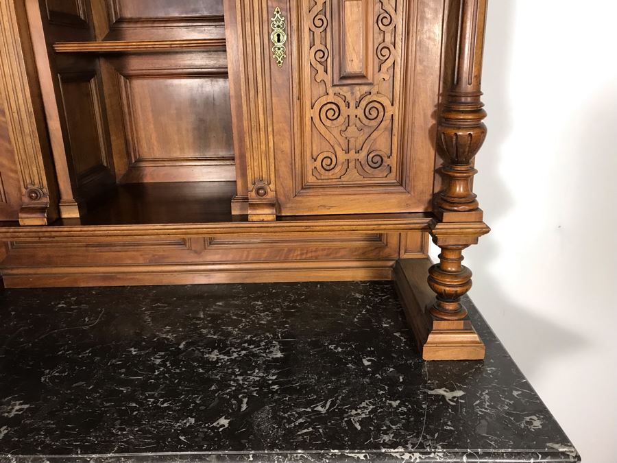 Stunning Antique Carved Wooden Cabinet With Large Marble Top And Hutch From La Jolla Estate (Can Be Used Without Hutch - See Photos) Hutch 58W X 21D X 46H / Cabinet 60W X 28D X 34H (JUST ADDED) [Photo 19]