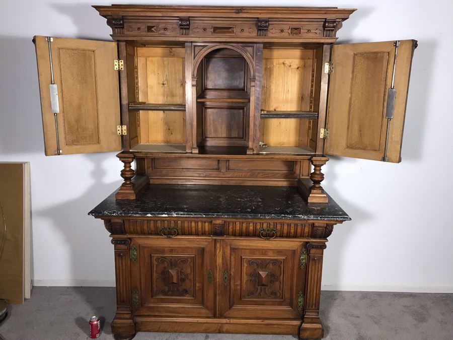 Stunning Antique Carved Wooden Cabinet With Large Marble Top And Hutch From La Jolla Estate (Can Be Used Without Hutch - See Photos) Hutch 58W X 21D X 46H / Cabinet 60W X 28D X 34H (JUST ADDED) [Photo 20]