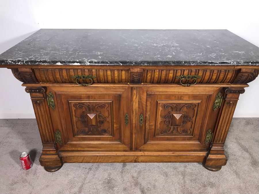 Stunning Antique Carved Wooden Cabinet With Large Marble Top And Hutch From La Jolla Estate (Can Be Used Without Hutch - See Photos) Hutch 58W X 21D X 46H / Cabinet 60W X 28D X 34H (JUST ADDED) [Photo 9]