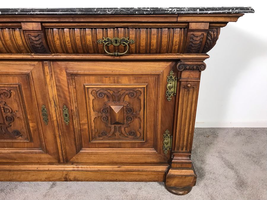 Stunning Antique Carved Wooden Cabinet With Large Marble Top And Hutch From La Jolla Estate (Can Be Used Without Hutch - See Photos) Hutch 58W X 21D X 46H / Cabinet 60W X 28D X 34H (JUST ADDED) [Photo 11]