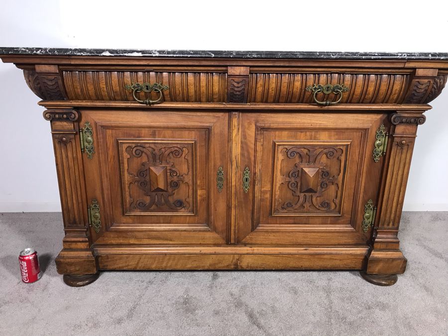 Stunning Antique Carved Wooden Cabinet With Large Marble Top And Hutch From La Jolla Estate (Can Be Used Without Hutch - See Photos) Hutch 58W X 21D X 46H / Cabinet 60W X 28D X 34H (JUST ADDED) [Photo 8]