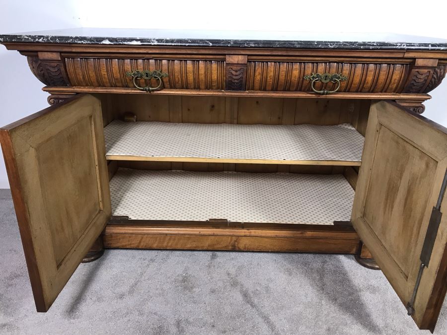 Stunning Antique Carved Wooden Cabinet With Large Marble Top And Hutch From La Jolla Estate (Can Be Used Without Hutch - See Photos) Hutch 58W X 21D X 46H / Cabinet 60W X 28D X 34H (JUST ADDED) [Photo 17]