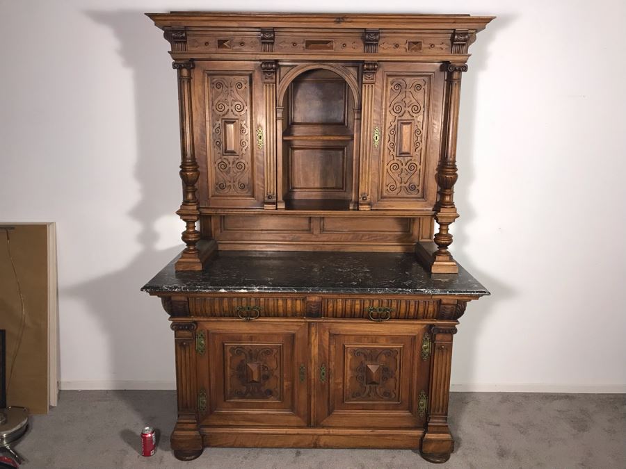 Stunning Antique Carved Wooden Cabinet With Large Marble Top And Hutch From La Jolla Estate (Can Be Used Without Hutch - See Photos) Hutch 58W X 21D X 46H / Cabinet 60W X 28D X 34H (JUST ADDED) [Photo 4]