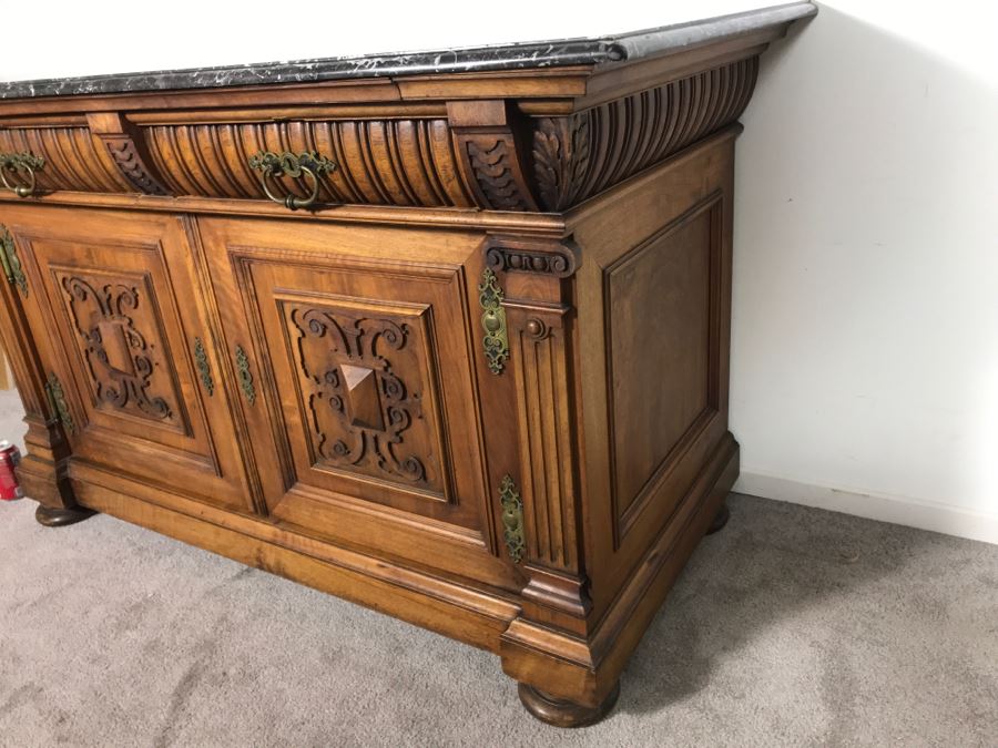 Stunning Antique Carved Wooden Cabinet With Large Marble Top And Hutch From La Jolla Estate (Can Be Used Without Hutch - See Photos) Hutch 58W X 21D X 46H / Cabinet 60W X 28D X 34H (JUST ADDED) [Photo 12]