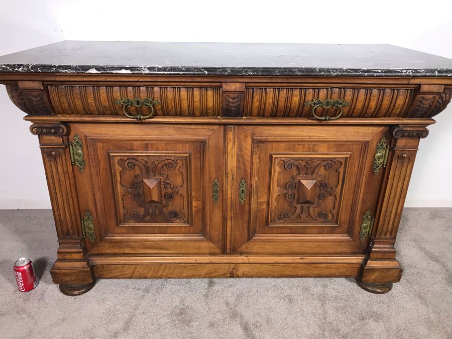 Stunning Antique Carved Wooden Cabinet With Large Marble Top And Hutch From La Jolla Estate (Can Be Used Without Hutch - See Photos) Hutch 58W X 21D X 46H / Cabinet 60W X 28D X 34H (JUST ADDED) [Photo 2]