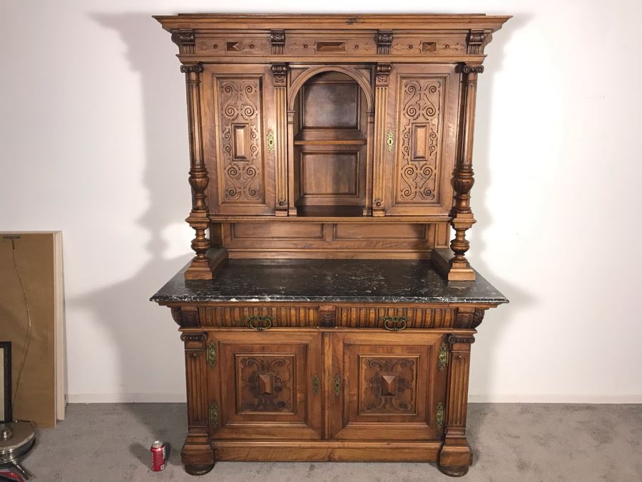 Stunning Antique Carved Wooden Cabinet With Large Marble Top And Hutch From La Jolla Estate (Can Be Used Without Hutch - See Photos) Hutch 58W X 21D X 46H / Cabinet 60W X 28D X 34H (JUST ADDED)