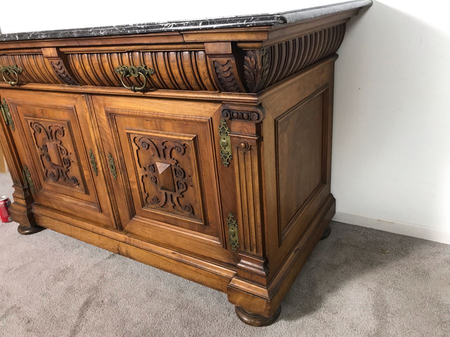 Stunning Antique Carved Wooden Cabinet With Large Marble Top And Hutch From La Jolla Estate (Can Be Used Without Hutch - See Photos) Hutch 58W X 21D X 46H / Cabinet 60W X 28D X 34H (JUST ADDED) [Photo 13]