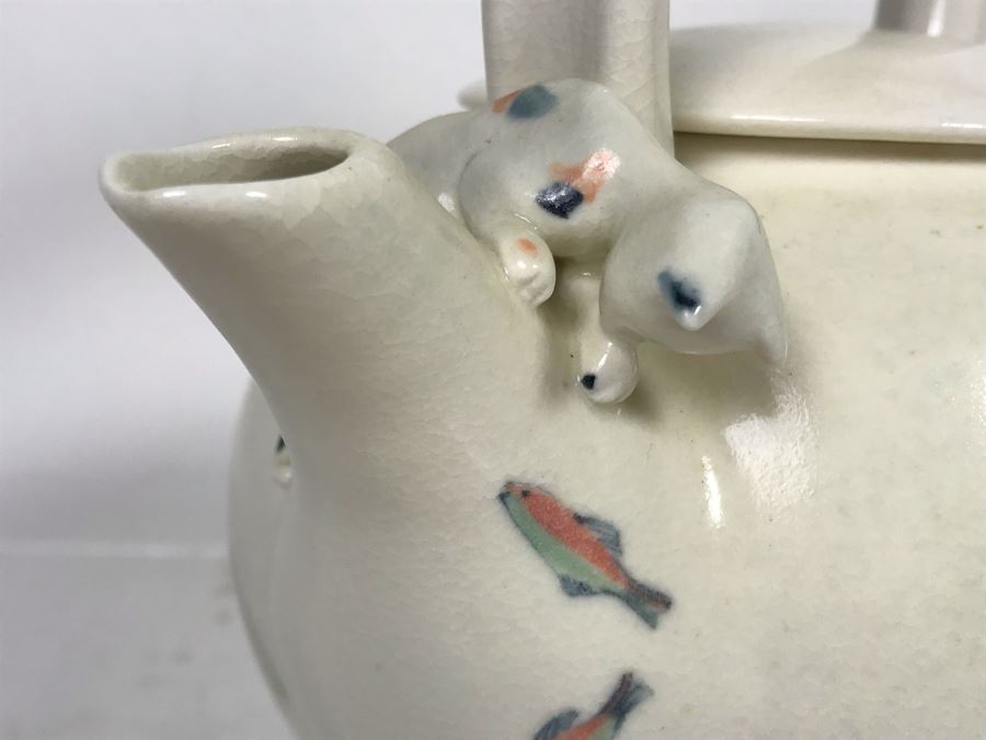 Sally Askevold Signed Studio Montana Pottery Teapot Cat On Spout With Fish Hand Painted 9W X 10H (JUST ADDED) [Photo 4]