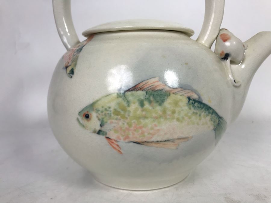 Sally Askevold Signed Studio Montana Pottery Teapot Cat On Spout With Fish Hand Painted 9W X 10H (JUST ADDED) [Photo 7]