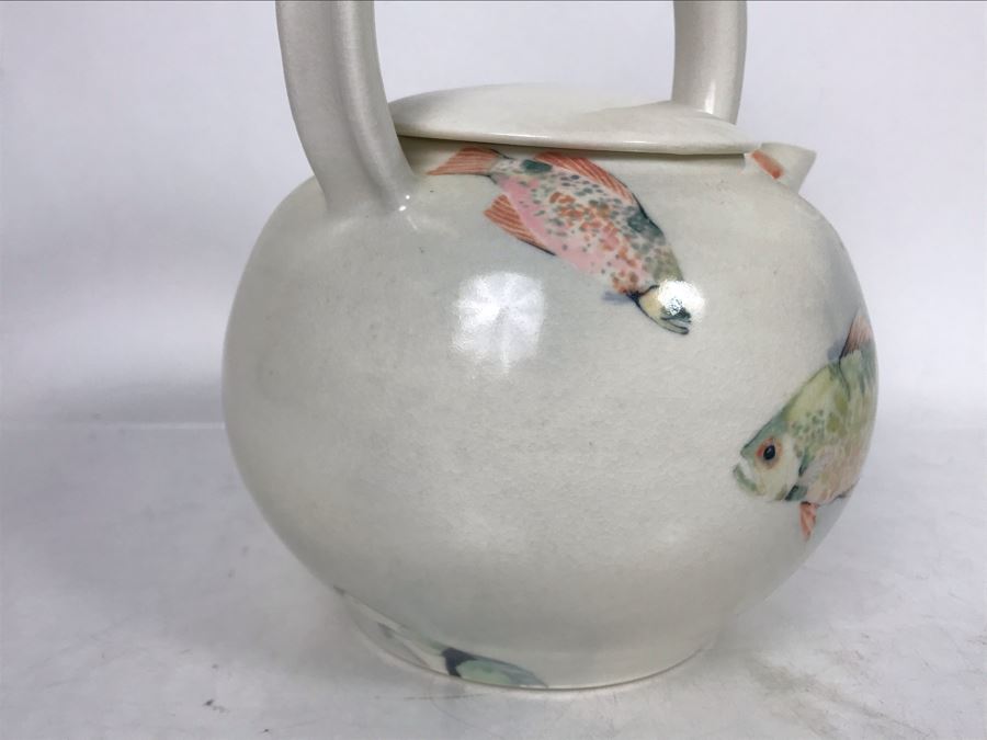 Sally Askevold Signed Studio Montana Pottery Teapot Cat On Spout With Fish Hand Painted 9W X 10H (JUST ADDED) [Photo 9]