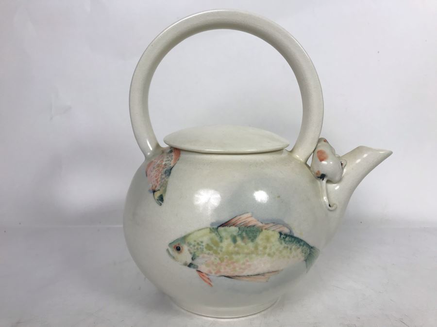 Sally Askevold Signed Studio Montana Pottery Teapot Cat On Spout With Fish Hand Painted 9W X 10H (JUST ADDED)
