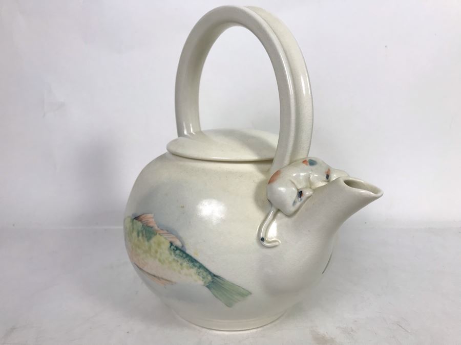 Sally Askevold Signed Studio Montana Pottery Teapot Cat On Spout With Fish Hand Painted 9W X 10H (JUST ADDED) [Photo 6]