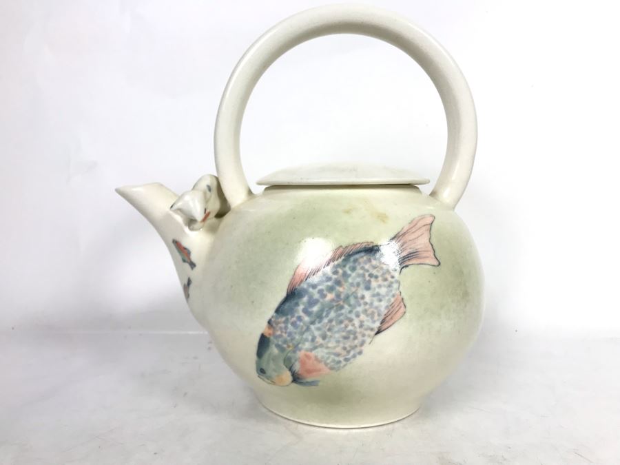 Sally Askevold Signed Studio Montana Pottery Teapot Cat On Spout With Fish Hand Painted 9W X 10H (JUST ADDED) [Photo 2]