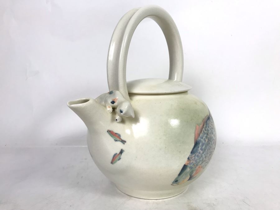 Sally Askevold Signed Studio Montana Pottery Teapot Cat On Spout With Fish Hand Painted 9W X 10H (JUST ADDED) [Photo 3]