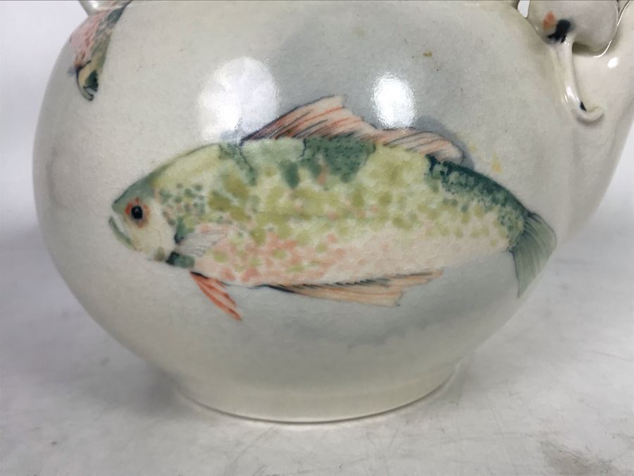 Sally Askevold Signed Studio Montana Pottery Teapot Cat On Spout With Fish Hand Painted 9W X 10H (JUST ADDED) [Photo 8]
