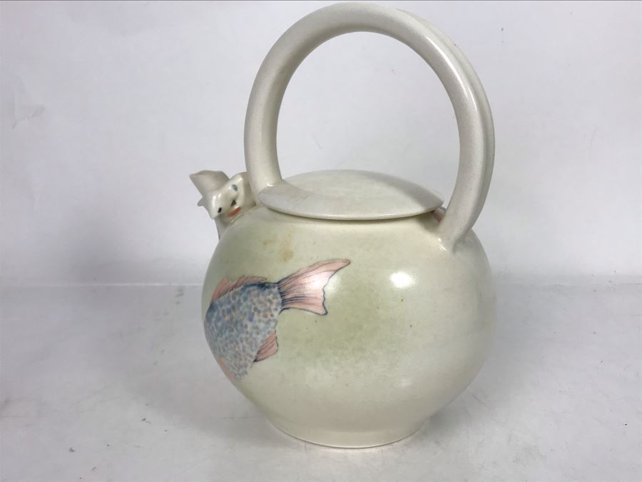 Sally Askevold Signed Studio Montana Pottery Teapot Cat On Spout With Fish Hand Painted 9W X 10H (JUST ADDED) [Photo 11]