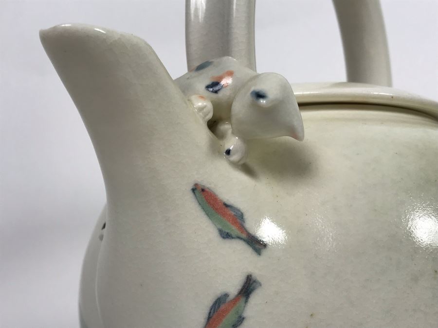 Sally Askevold Signed Studio Montana Pottery Teapot Cat On Spout With Fish Hand Painted 9W X 10H (JUST ADDED) [Photo 5]