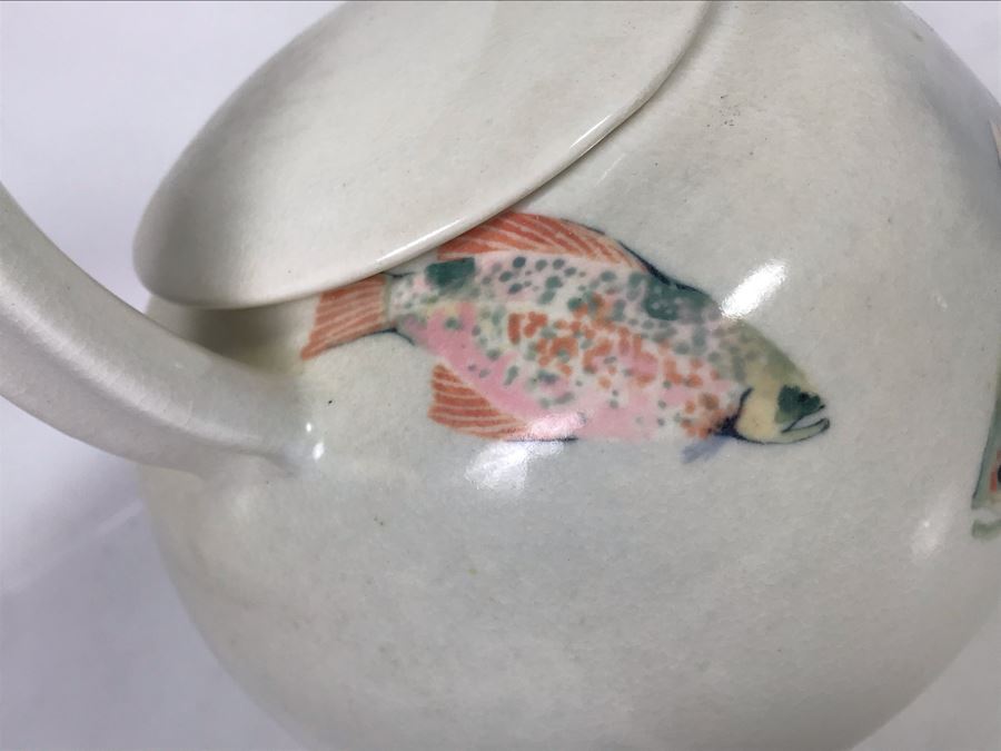 Sally Askevold Signed Studio Montana Pottery Teapot Cat On Spout With Fish Hand Painted 9W X 10H (JUST ADDED) [Photo 10]