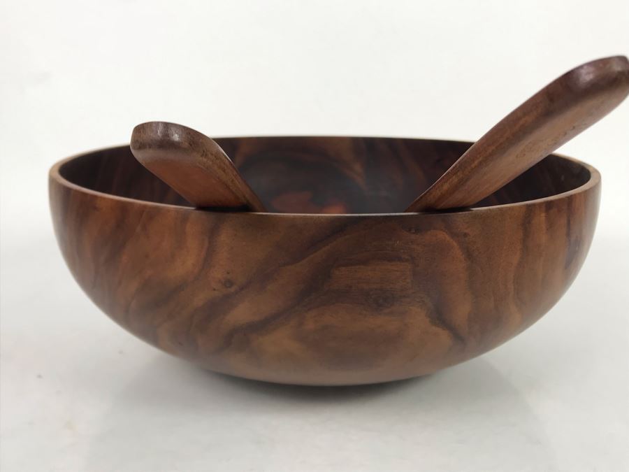 Milo Wood Salad Bowl Set With Fork And Spoon Signed Straka 11.5R X 4.25H (JUST ADDED) [Photo 6]