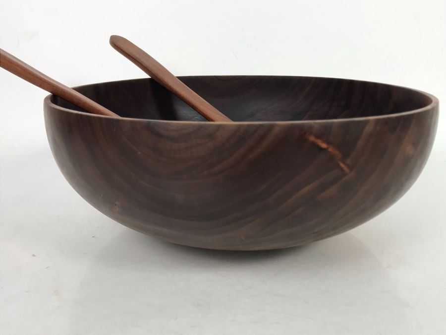 Milo Wood Salad Bowl Set With Fork And Spoon Signed Straka 11.5R X 4.25H (JUST ADDED) [Photo 5]