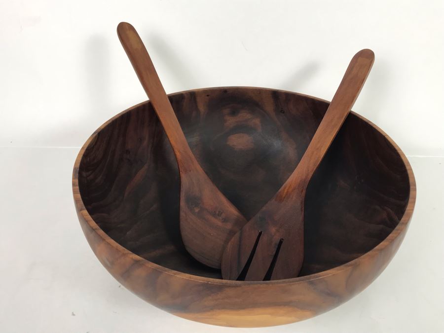 Milo Wood Salad Bowl Set With Fork And Spoon Signed Straka 11.5R X 4.25H (JUST ADDED) [Photo 4]