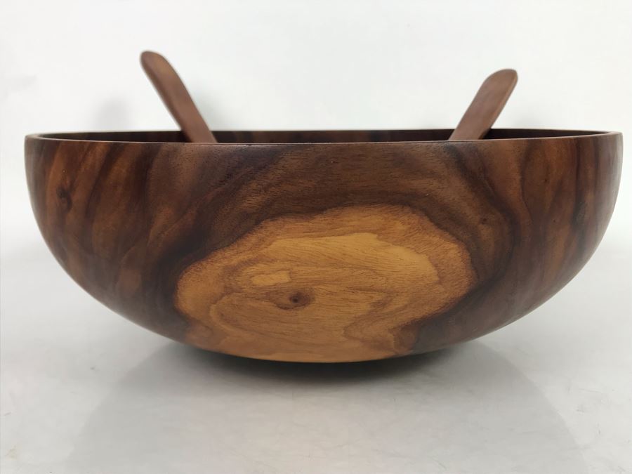 Milo Wood Salad Bowl Set With Fork And Spoon Signed Straka 11.5R X 4.25H (JUST ADDED) [Photo 3]