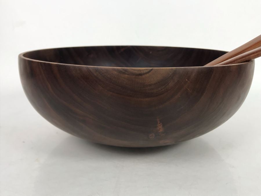 Milo Wood Salad Bowl Set With Fork And Spoon Signed Straka 11.5R X 4.25H (JUST ADDED) [Photo 7]