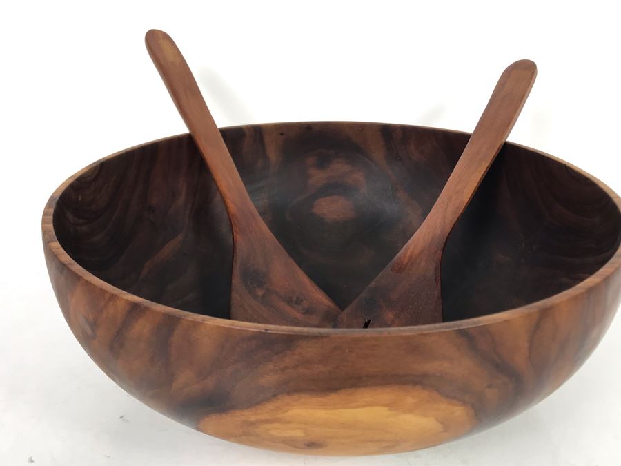 Milo Wood Salad Bowl Set With Fork And Spoon Signed Straka 11.5R X 4.25H (JUST ADDED) [Photo 1]