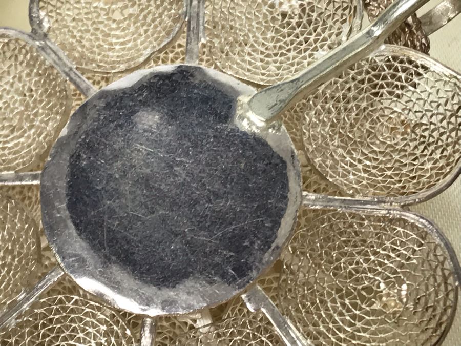 Vintage Gump's San Francisco Silver Filigree Necklace With Silver Filigree Flower Pendant With Stars Presented In Japanese Box (JUST ADDED) [Photo 10]