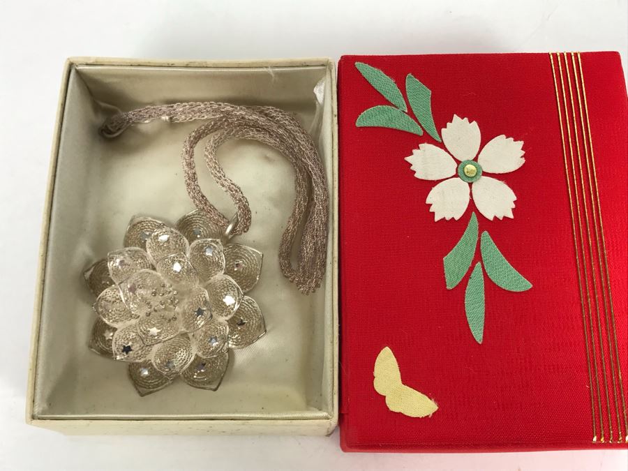 Vintage Gump's San Francisco Silver Filigree Necklace With Silver Filigree Flower Pendant With Stars Presented In Japanese Box (JUST ADDED) [Photo 12]