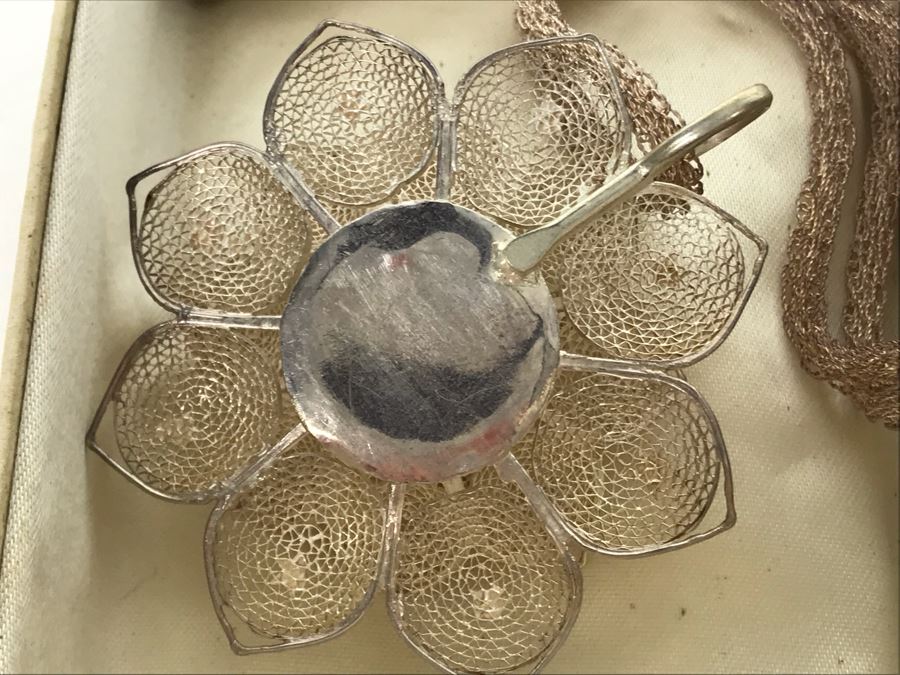 Vintage Gump's San Francisco Silver Filigree Necklace With Silver Filigree Flower Pendant With Stars Presented In Japanese Box (JUST ADDED) [Photo 8]