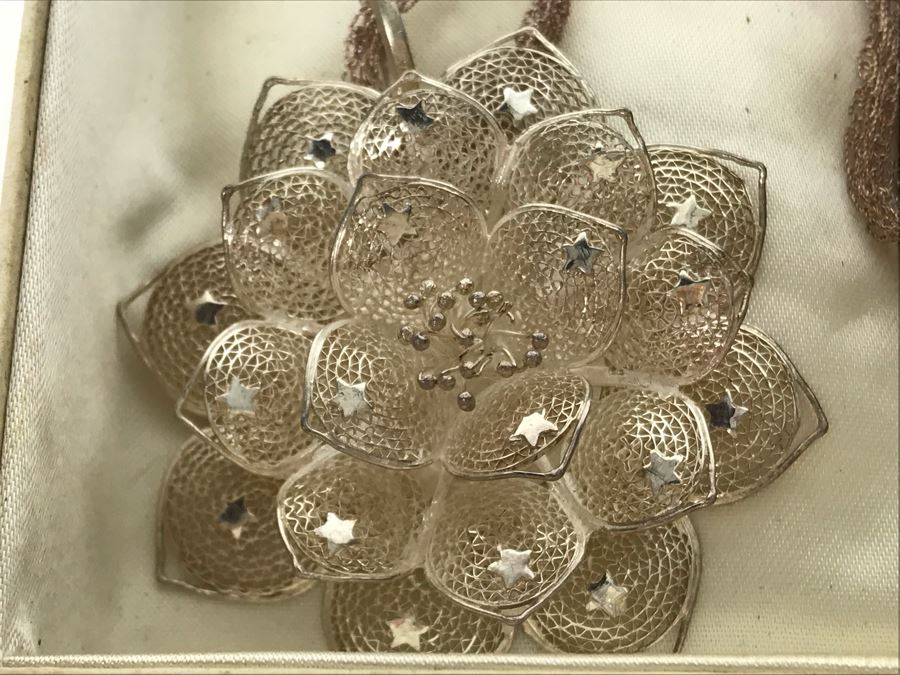 Vintage Gump's San Francisco Silver Filigree Necklace With Silver Filigree Flower Pendant With Stars Presented In Japanese Box (JUST ADDED) [Photo 6]