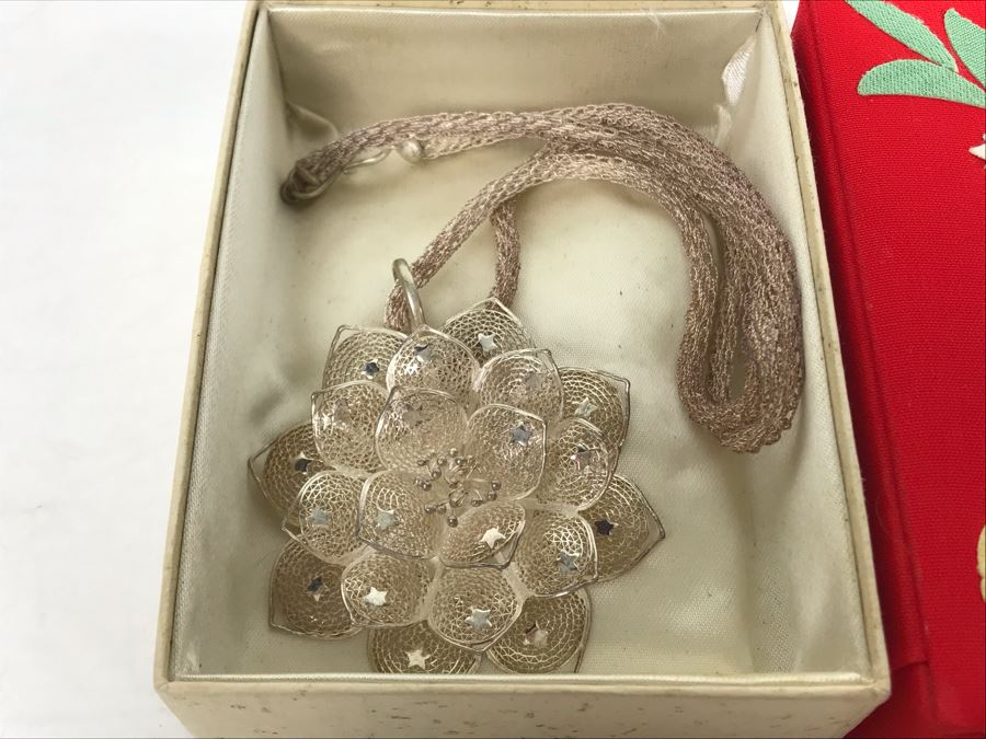 Vintage Gump's San Francisco Silver Filigree Necklace With Silver Filigree Flower Pendant With Stars Presented In Japanese Box (JUST ADDED) [Photo 1]