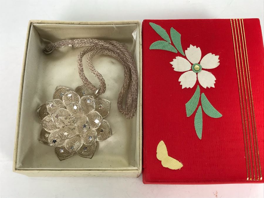 Vintage Gump's San Francisco Silver Filigree Necklace With Silver Filigree Flower Pendant With Stars Presented In Japanese Box (JUST ADDED) [Photo 11]