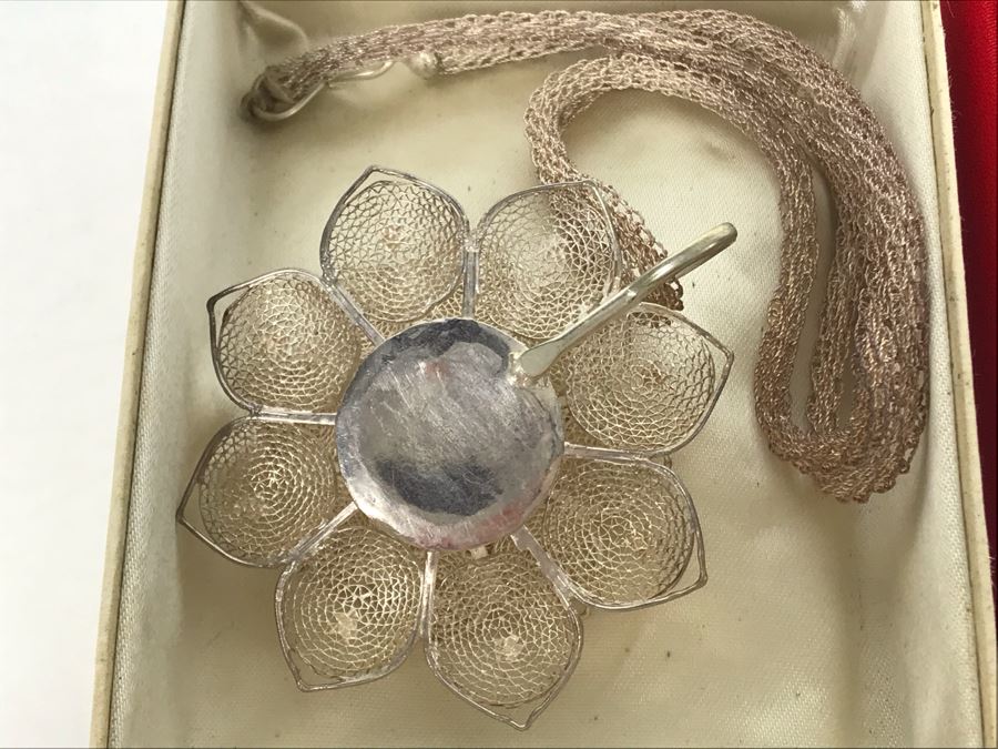 Vintage Gump's San Francisco Silver Filigree Necklace With Silver Filigree Flower Pendant With Stars Presented In Japanese Box (JUST ADDED) [Photo 7]