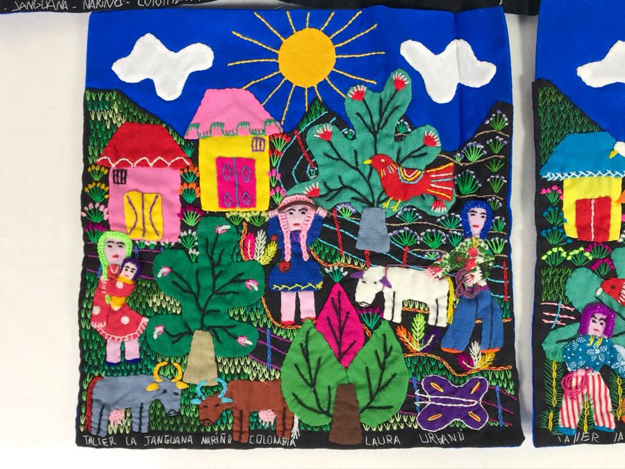 Set Of (3) Vintage Handmade Columbian Embroidery Folk Art Scenes Textiles Individually Signed (Larger Is 23 X 13 / Smaller Are 8 X 8) (JUST ADDED) [Photo 14]