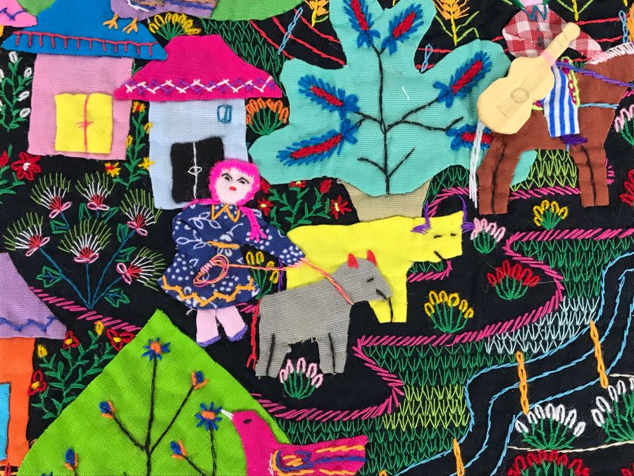 Set Of (3) Vintage Handmade Columbian Embroidery Folk Art Scenes Textiles Individually Signed (Larger Is 23 X 13 / Smaller Are 8 X 8) (JUST ADDED) [Photo 11]