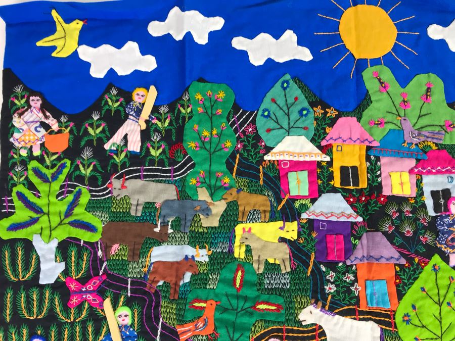 Set Of (3) Vintage Handmade Columbian Embroidery Folk Art Scenes Textiles Individually Signed (Larger Is 23 X 13 / Smaller Are 8 X 8) (JUST ADDED) [Photo 6]