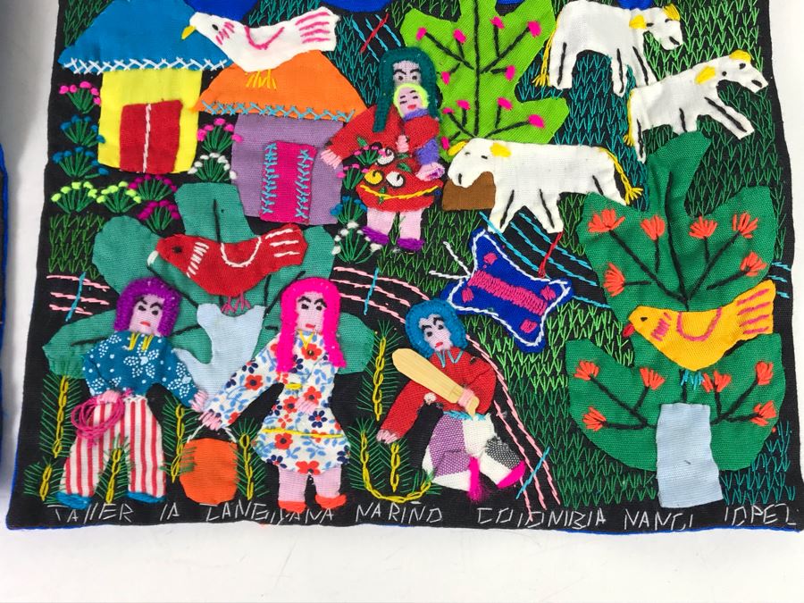 Set Of (3) Vintage Handmade Columbian Embroidery Folk Art Scenes Textiles Individually Signed (Larger Is 23 X 13 / Smaller Are 8 X 8) (JUST ADDED) [Photo 13]