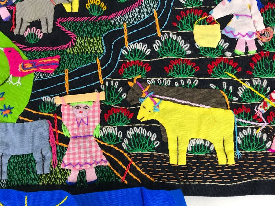 Set Of (3) Vintage Handmade Columbian Embroidery Folk Art Scenes Textiles Individually Signed (Larger Is 23 X 13 / Smaller Are 8 X 8) (JUST ADDED) [Photo 10]