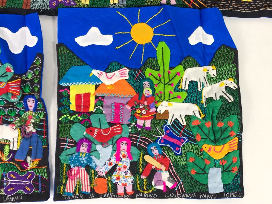 Set Of (3) Vintage Handmade Columbian Embroidery Folk Art Scenes Textiles Individually Signed (Larger Is 23 X 13 / Smaller Are 8 X 8) (JUST ADDED) [Photo 12]