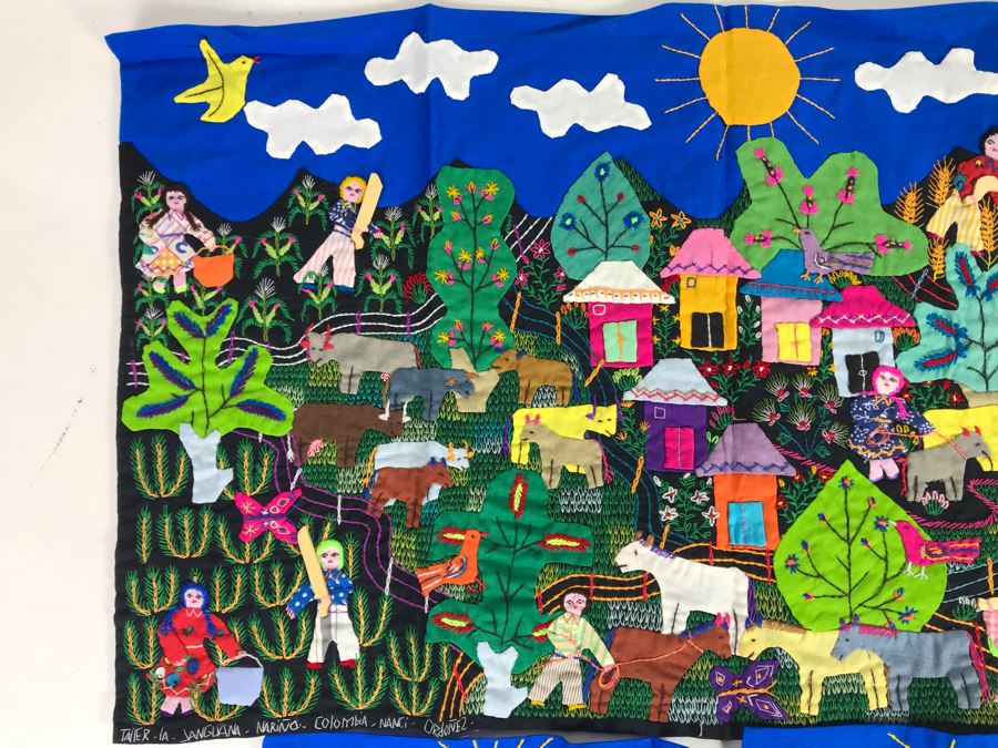Set Of (3) Vintage Handmade Columbian Embroidery Folk Art Scenes Textiles Individually Signed (Larger Is 23 X 13 / Smaller Are 8 X 8) (JUST ADDED) [Photo 4]