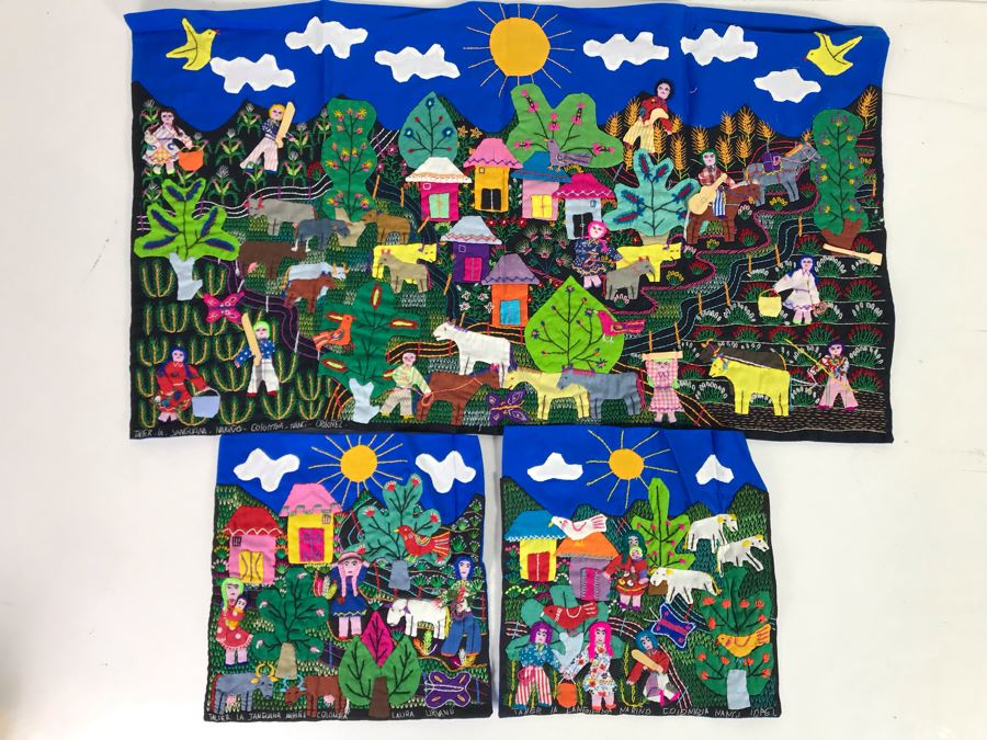 Set Of (3) Vintage Handmade Columbian Embroidery Folk Art Scenes Textiles Individually Signed (Larger Is 23 X 13 / Smaller Are 8 X 8) (JUST ADDED)