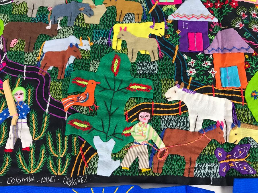 Set Of (3) Vintage Handmade Columbian Embroidery Folk Art Scenes Textiles Individually Signed (Larger Is 23 X 13 / Smaller Are 8 X 8) (JUST ADDED) [Photo 7]